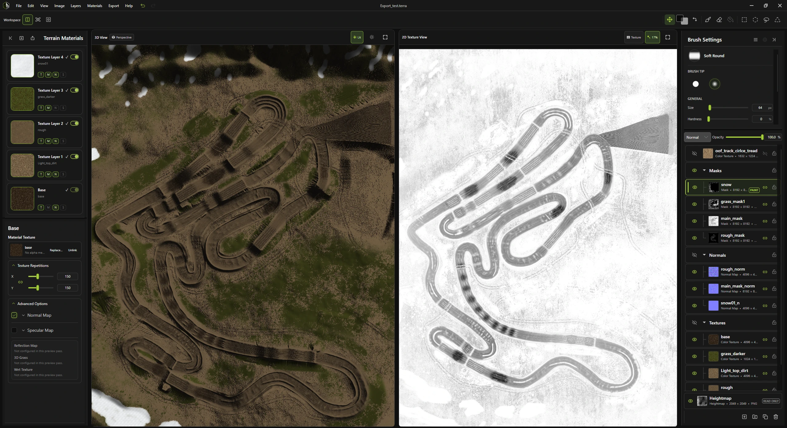 TerraLab Studio showing a textured terrain in the 3D view beside its 2D texture view, with terrain material layers and brush settings visible.